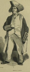 Portrait of George Flenci in 18th-century attire: tricorn hat, waistcoat, long coat, standing with hand on chest and a book under his arm.